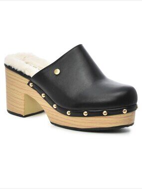 Taryn Rose Reedah Black Platform Shearling Faux Leather Clogs Women US 6